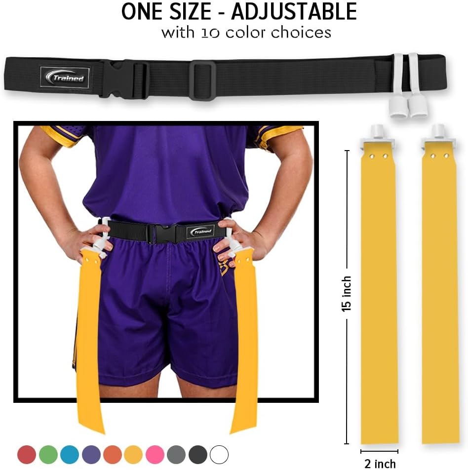 Adjustable Flag Football Belt Set, Yellow, 2 Pop Flags | Audible snap confirms every tag; durable woven fabric resists tears; fits youth leagues to adult teams