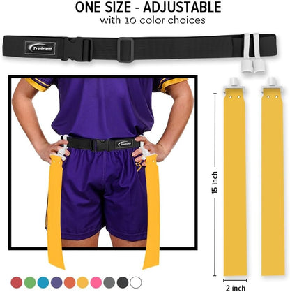 Adjustable Flag Football Belt Set, Yellow, 2 Pop Flags | Audible snap confirms every tag; durable woven fabric resists tears; fits youth leagues to adult teams