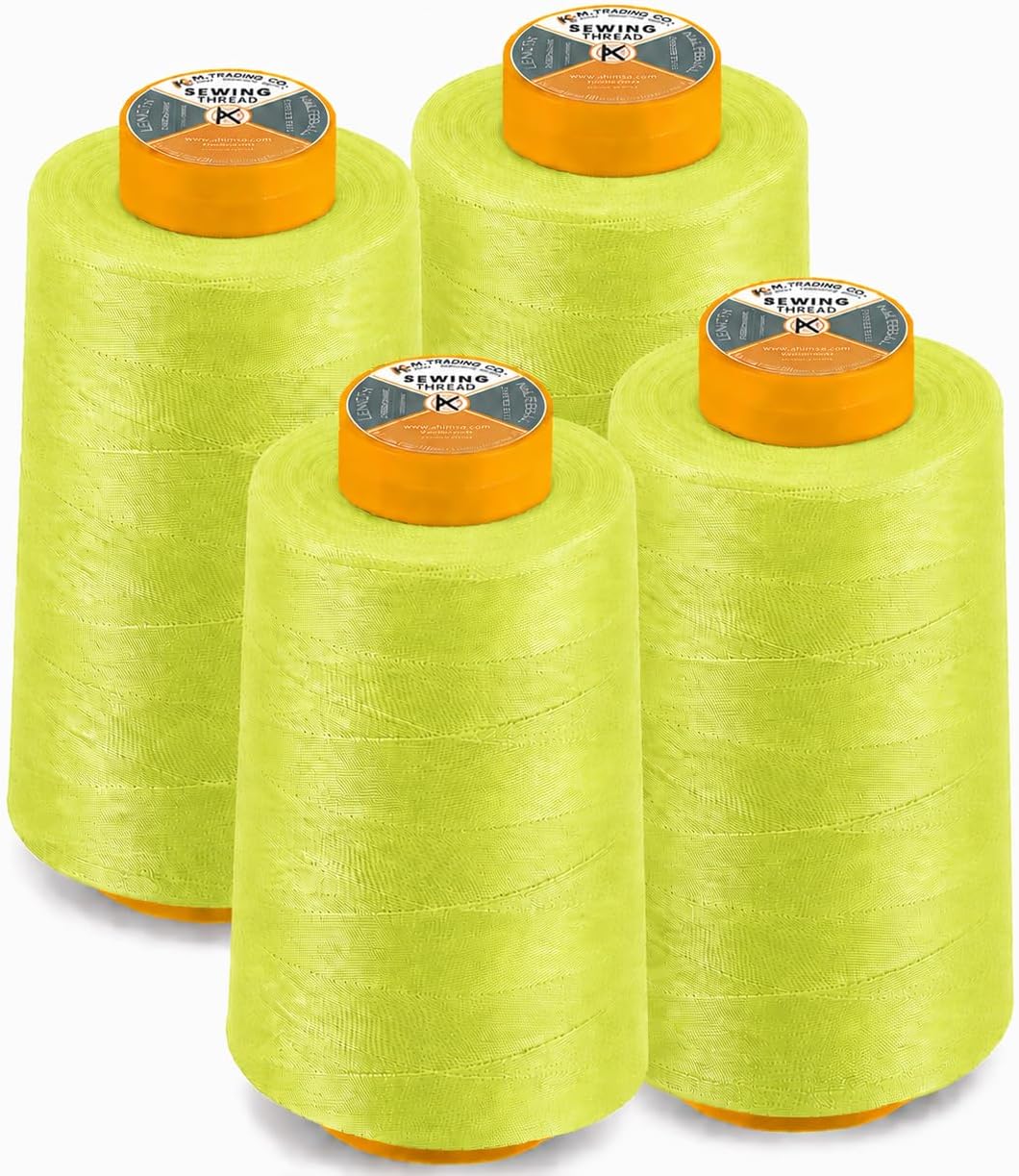 AK Trading 4-Pack NEON Yellow All Purpose Sewing Thread Cones (6000 Yards Each) of High Tensile Polyester Thread Spools for Sewing, Quilting, Serger Machines, Overlock, Merrow & Embroidery.