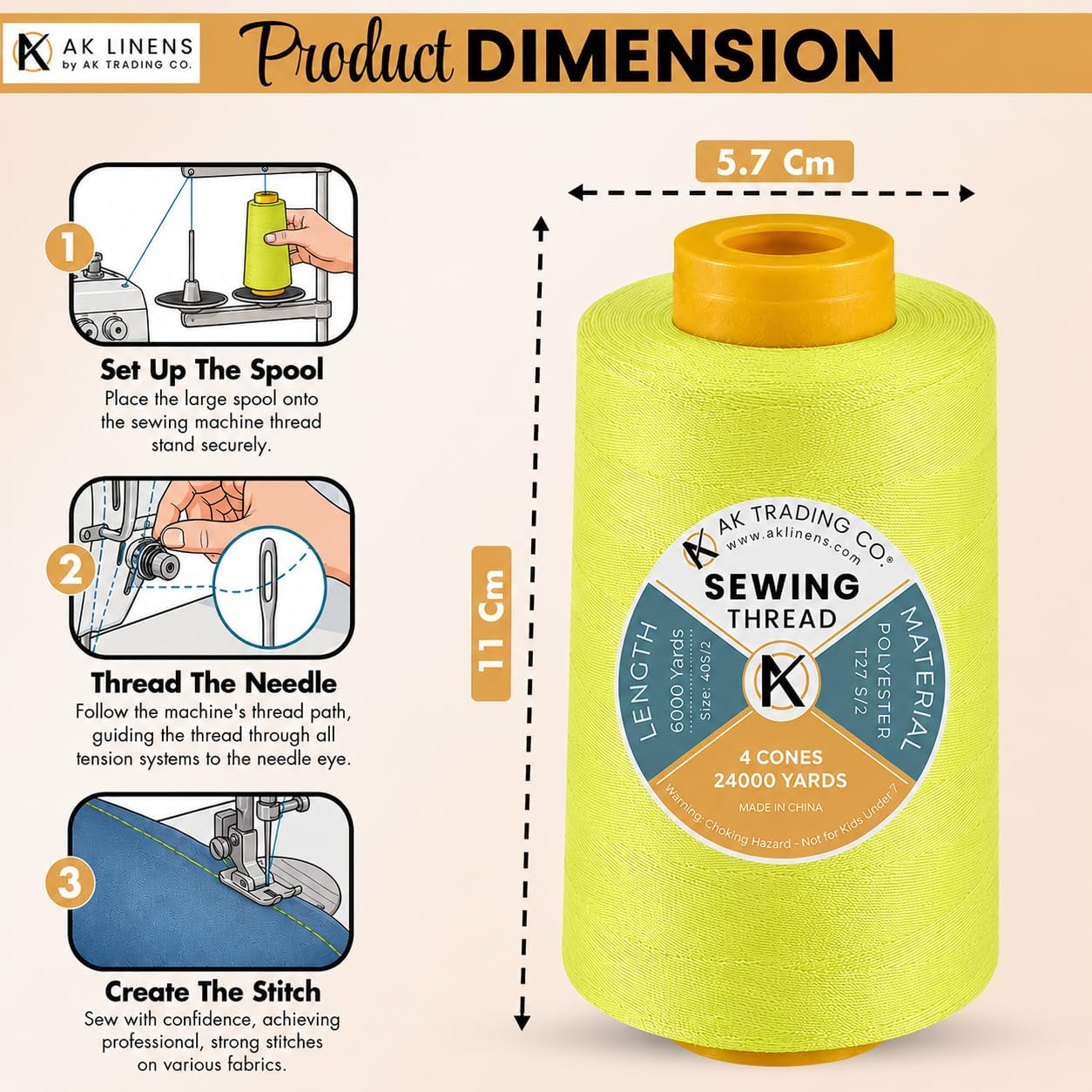 AK Trading 4-Pack NEON Yellow All Purpose Sewing Thread Cones (6000 Yards Each) of High Tensile Polyester Thread Spools for Sewing, Quilting, Serger Machines, Overlock, Merrow & Embroidery.