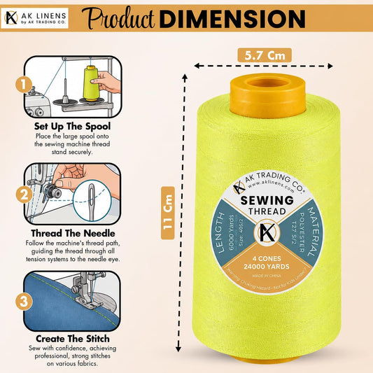 AK Trading 4-Pack NEON Yellow All Purpose Sewing Thread Cones (6000 Yards Each) of High Tensile Polyester Thread Spools for Sewing, Quilting, Serger Machines, Overlock, Merrow & Embroidery.