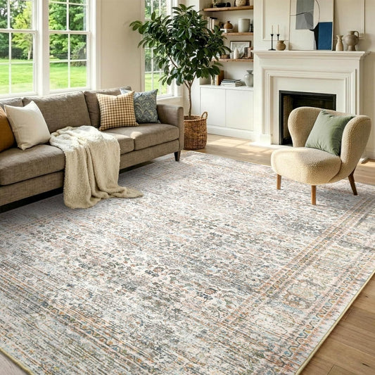 6x9 Area Rugs Washable, Large Indoor Printed Vintage Rugs for Living Room Bedroom, Low-Pile Stain Resistant Carpet with Non Slip Rubber Backing for Dining Room Nursery Home Decor, Light Yellow