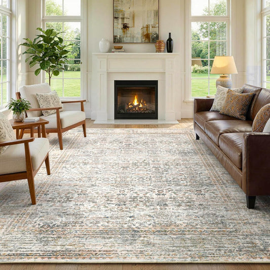 6x9 Area Rugs Washable, Large Indoor Printed Vintage Rugs for Living Room Bedroom, Low-Pile Stain Resistant Carpet with Non Slip Rubber Backing for Dining Room Nursery Home Decor, Light Yellow