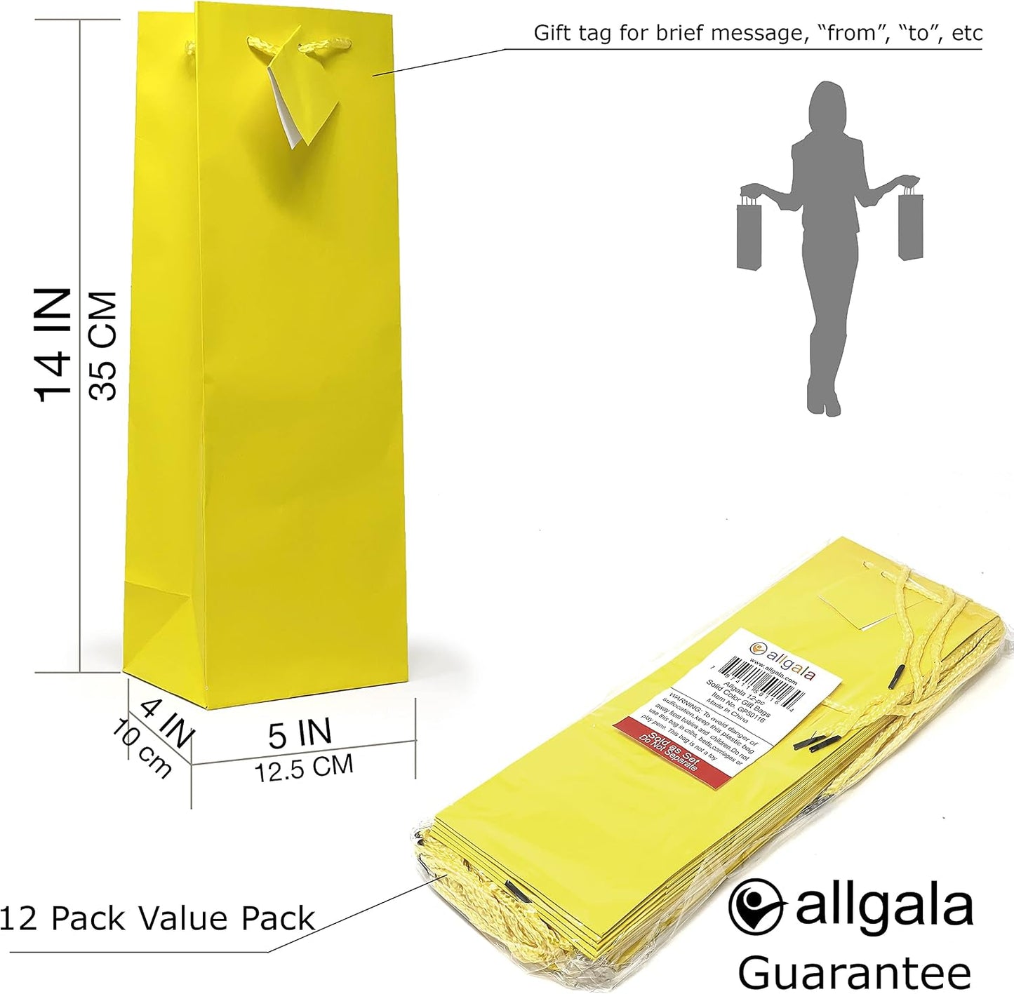 Gift Bags, 12 Pack 14x5x4 Inch Wine Bottle Bag Yellow Gift Bags with Handles for Birthday, Wedding, Party Supplies, Baby Shower, Holidays, Chirstmas