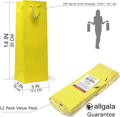 Gift Bags, 12 Pack 14x5x4 Inch Wine Bottle Bag Yellow Gift Bags with Handles for Birthday, Wedding, Party Supplies, Baby Shower, Holidays, Chirstmas