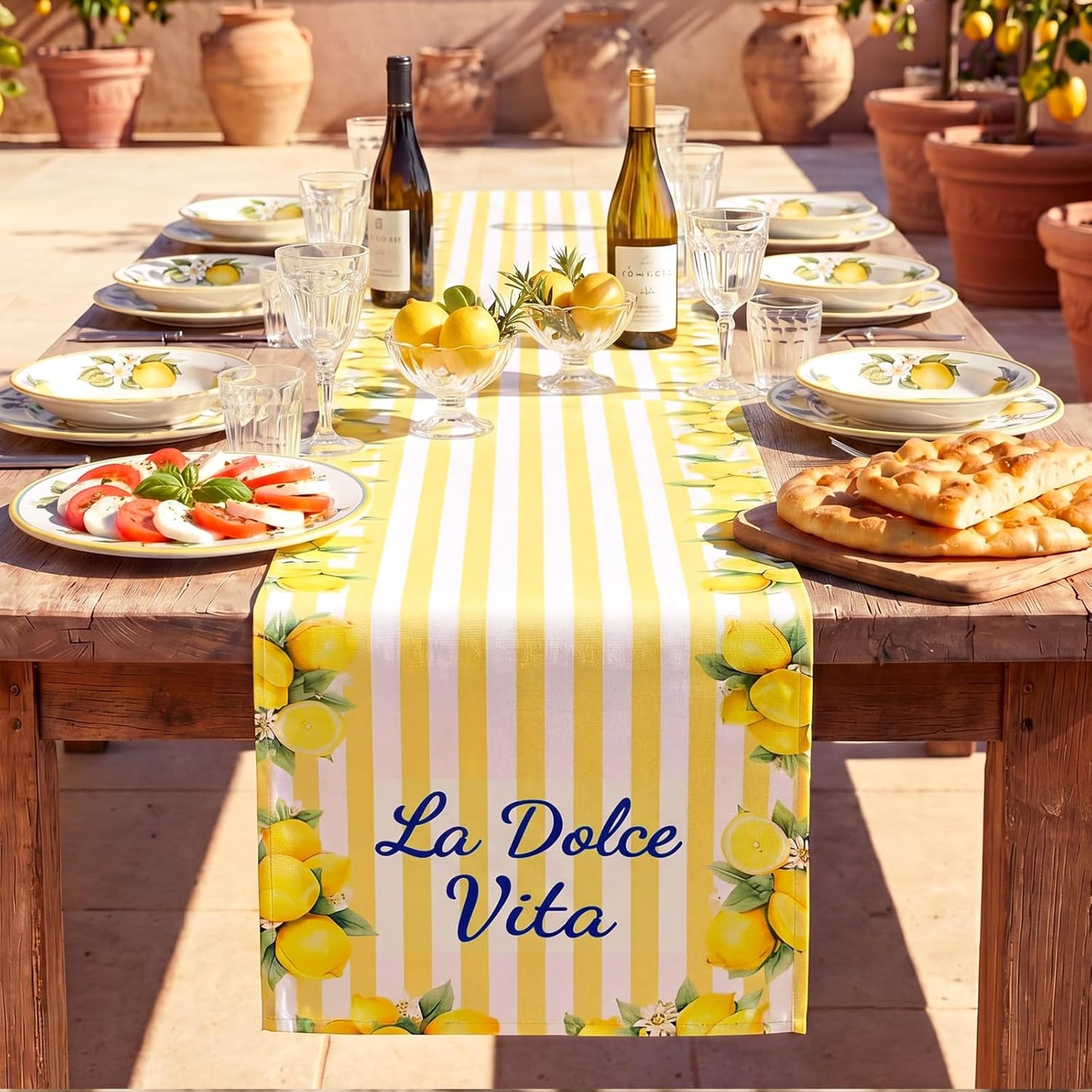 Italian Summer Lemon Party Decorations 13x72 Inch Capri Lemon Striped Table Runner Amalfi Coast Table Decor for Girls Weekend Bachelorette Wedding Party