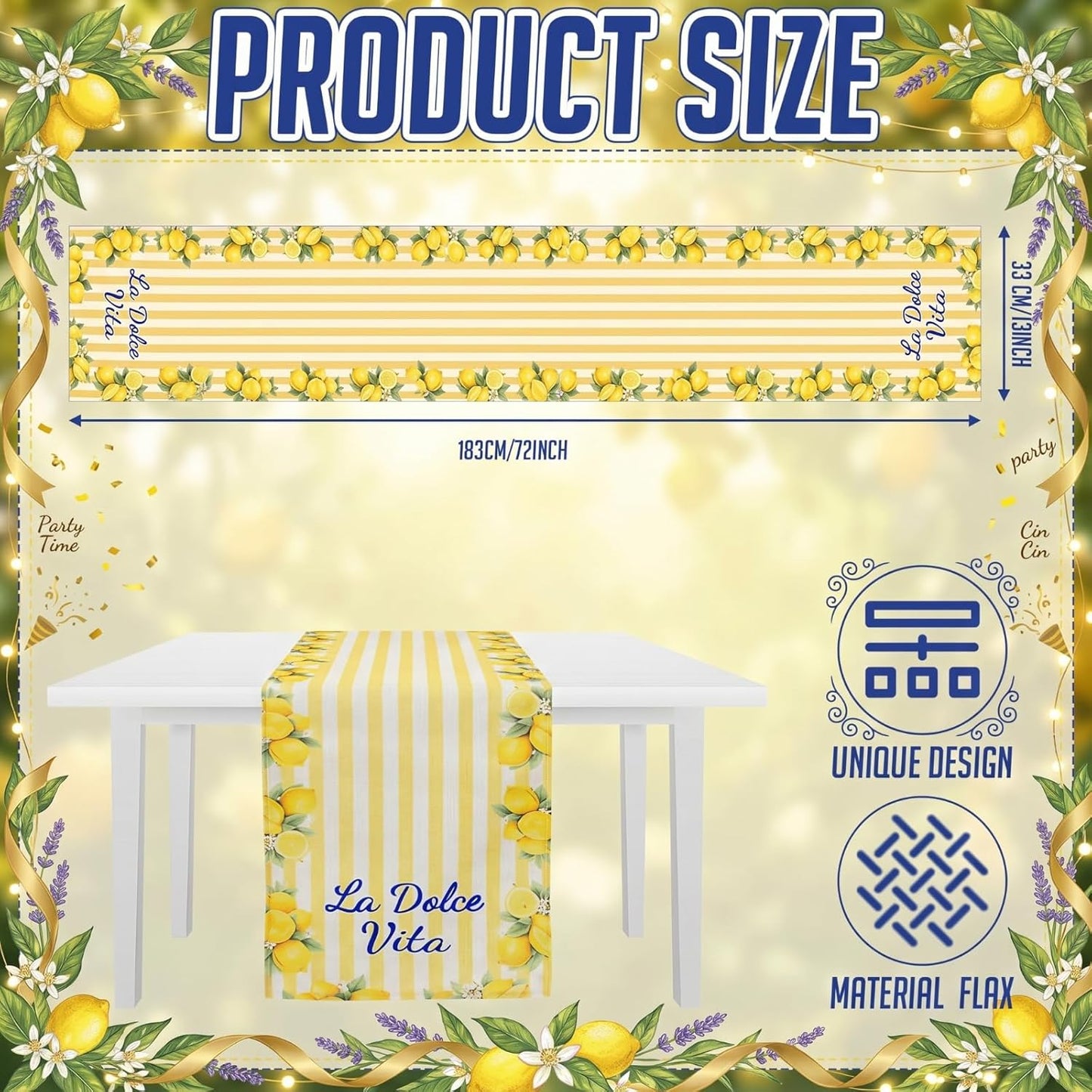 Italian Summer Lemon Party Decorations 13x72 Inch Capri Lemon Striped Table Runner Amalfi Coast Table Decor for Girls Weekend Bachelorette Wedding Party