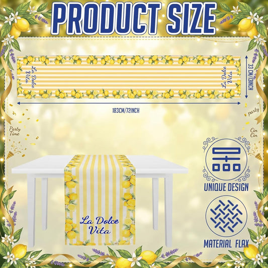 Italian Summer Lemon Party Decorations 13x72 Inch Capri Lemon Striped Table Runner Amalfi Coast Table Decor for Girls Weekend Bachelorette Wedding Party