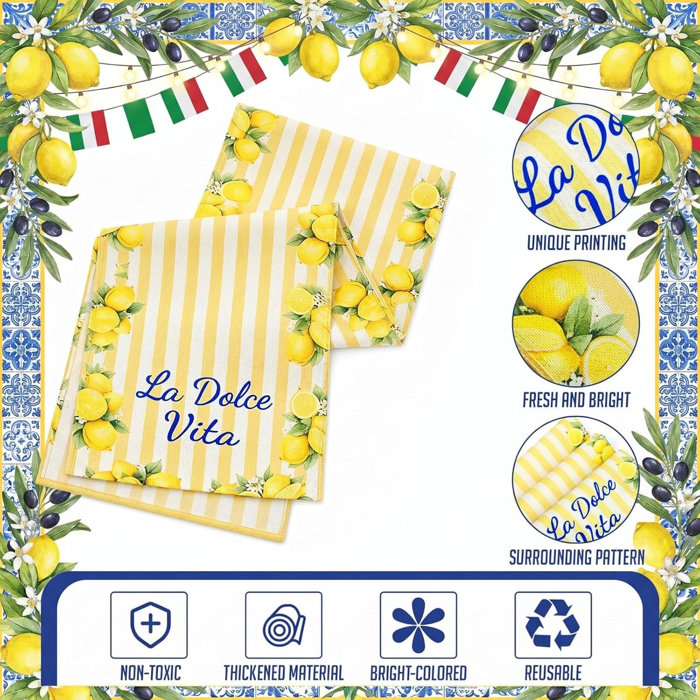 Italian Summer Lemon Party Decorations 13x72 Inch Capri Lemon Striped Table Runner Amalfi Coast Table Decor for Girls Weekend Bachelorette Wedding Party
