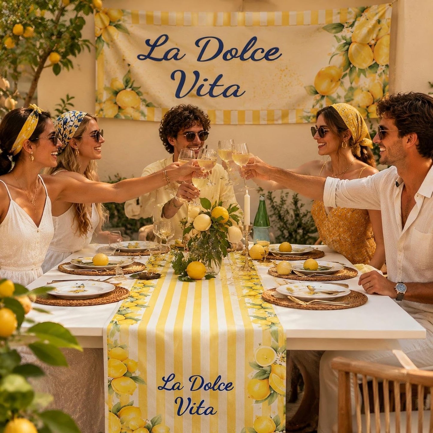 Italian Summer Lemon Party Decorations 13x72 Inch Capri Lemon Striped Table Runner Amalfi Coast Table Decor for Girls Weekend Bachelorette Wedding Party