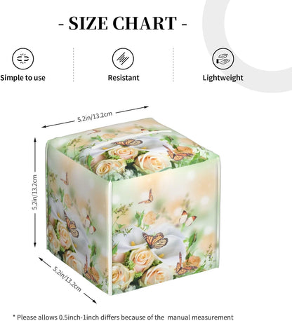 Rose Flowers and Butterfly Tissue Box Cover Square,Yellow Roses Floral Tissue Box Holder Waterproof Leather Facial Paper Organizer Dispenser for Bathroom Home Car Nightstand Vanity Desk