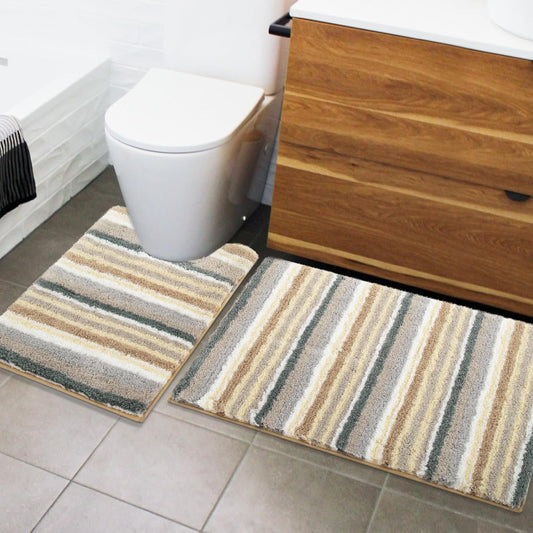 Modern Contemporary Bath Mat Set - Yellow Grey White Microfiber 2 Piece Bathroom Rugs, Non Slip Thick Shaggy U Shaped Contour Toilet Carpet