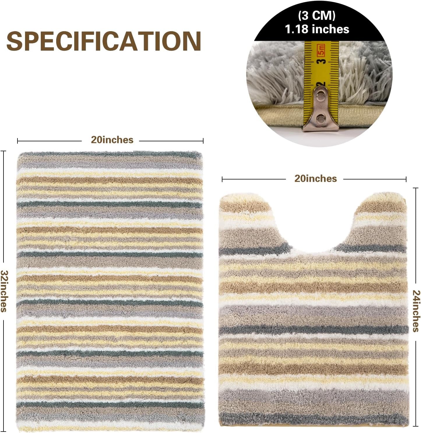 Modern Contemporary Bath Mat Set - Yellow Grey White Microfiber 2 Piece Bathroom Rugs, Non Slip Thick Shaggy U Shaped Contour Toilet Carpet