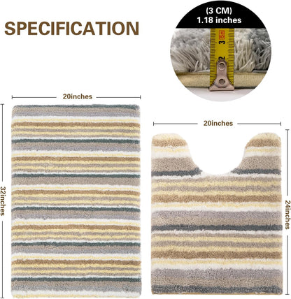 Modern Contemporary Bath Mat Set - Yellow Grey White Microfiber 2 Piece Bathroom Rugs, Non Slip Thick Shaggy U Shaped Contour Toilet Carpet