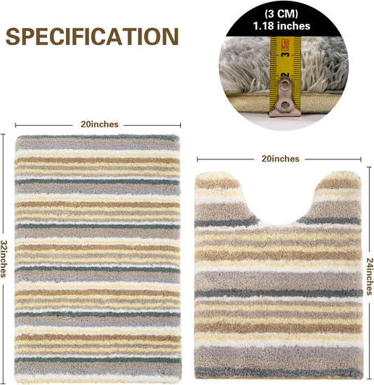 Modern Contemporary Bath Mat Set - Yellow Grey White Microfiber 2 Piece Bathroom Rugs, Non Slip Thick Shaggy U Shaped Contour Toilet Carpet