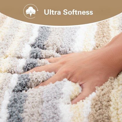 Modern Contemporary Bath Mat Set - Yellow Grey White Microfiber 2 Piece Bathroom Rugs, Non Slip Thick Shaggy U Shaped Contour Toilet Carpet