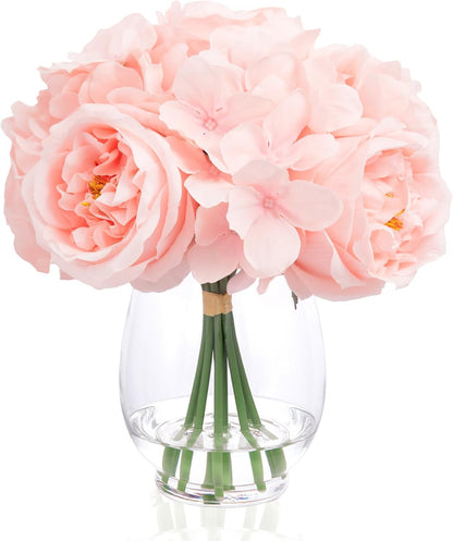 Artificial Austin Roses and Hydrangea Petals, 11.5" H Silk Roses Flower Bouquet with Fake Water in Glass Vase, Faux Peony for Home Decor, Table Decor, Weddings, Gift (Yellow)
