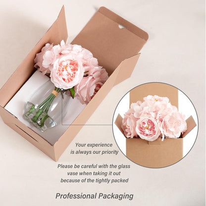Artificial Austin Roses and Hydrangea Petals, 11.5" H Silk Roses Flower Bouquet with Fake Water in Glass Vase, Faux Peony for Home Decor, Table Decor, Weddings, Gift (Yellow)