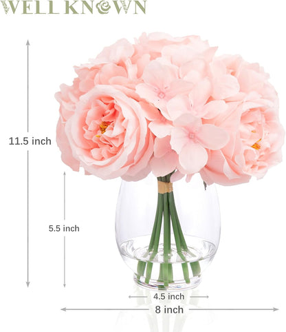 Artificial Austin Roses and Hydrangea Petals, 11.5" H Silk Roses Flower Bouquet with Fake Water in Glass Vase, Faux Peony for Home Decor, Table Decor, Weddings, Gift (Yellow)