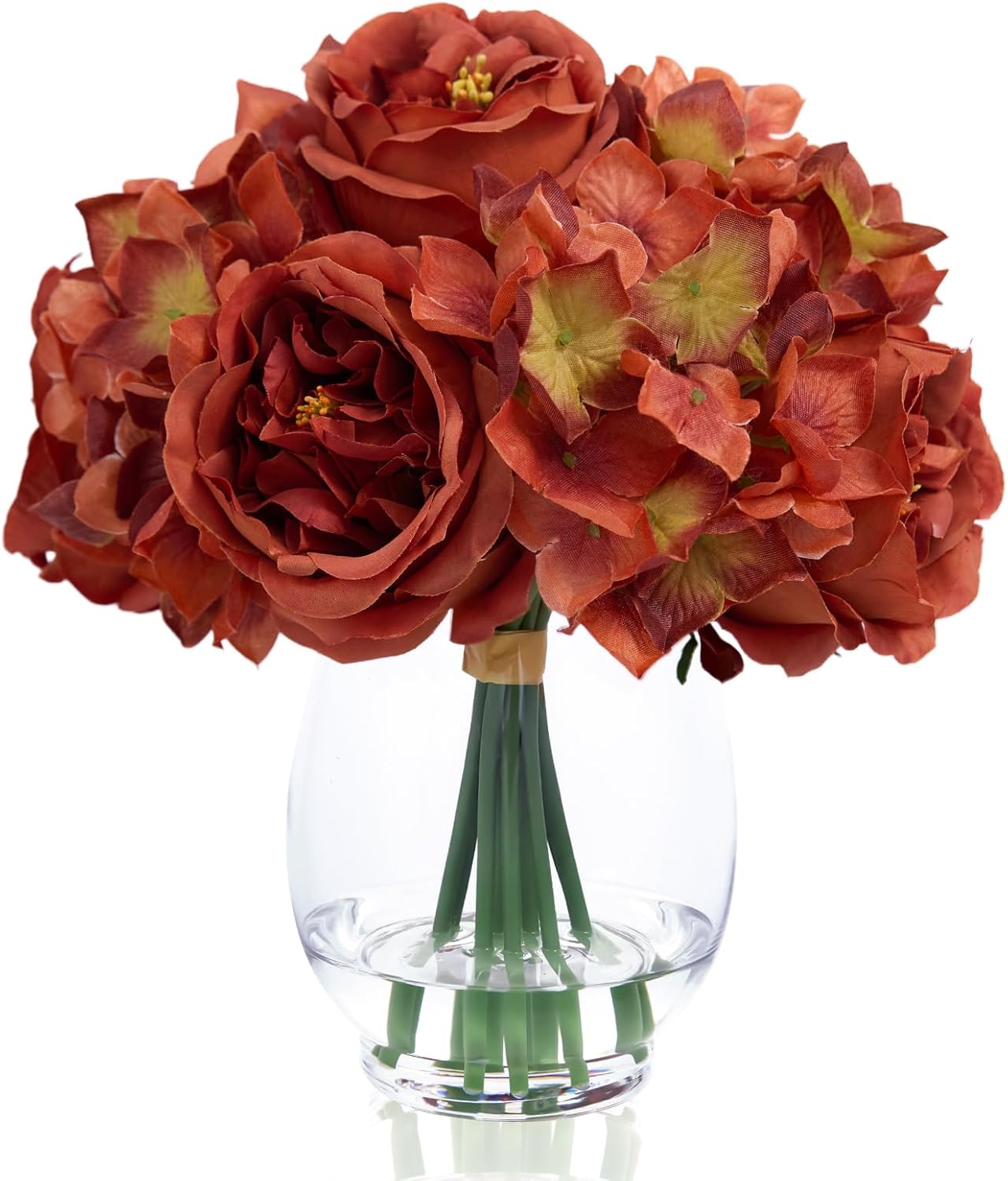 Artificial Austin Roses and Hydrangea Petals, 11.5" H Silk Roses Flower Bouquet with Fake Water in Glass Vase, Faux Peony for Home Decor, Table Decor, Weddings, Gift (Yellow)