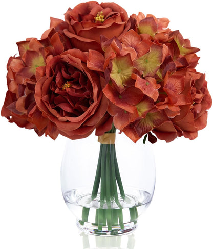 Artificial Austin Roses and Hydrangea Petals, 11.5" H Silk Roses Flower Bouquet with Fake Water in Glass Vase, Faux Peony for Home Decor, Table Decor, Weddings, Gift (Yellow)