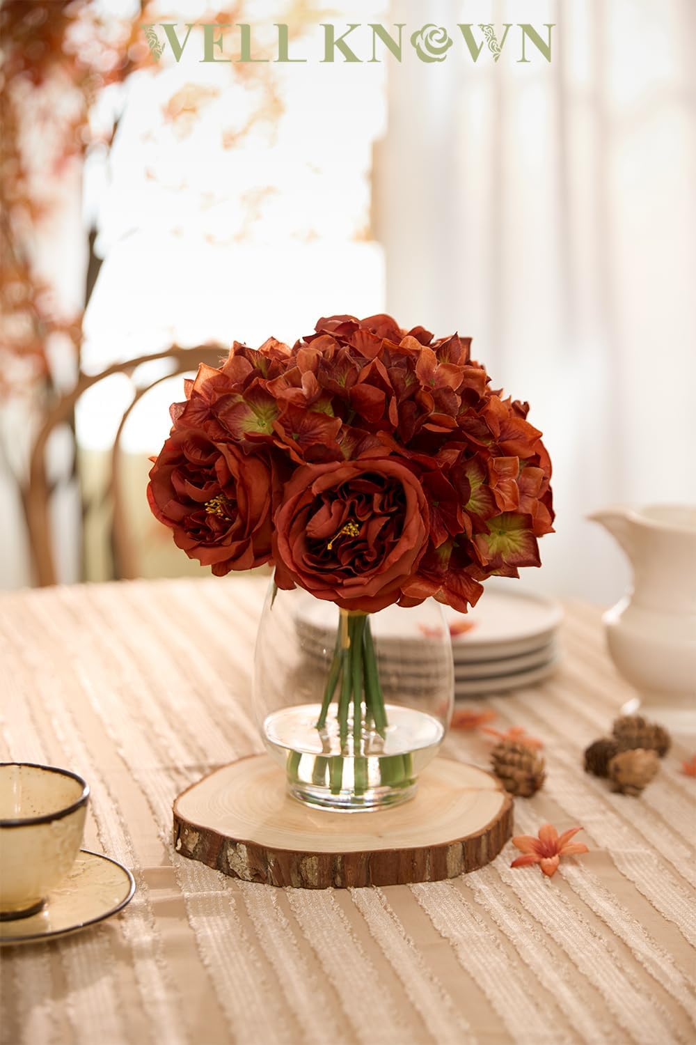 Artificial Austin Roses and Hydrangea Petals, 11.5" H Silk Roses Flower Bouquet with Fake Water in Glass Vase, Faux Peony for Home Decor, Table Decor, Weddings, Gift (Yellow)