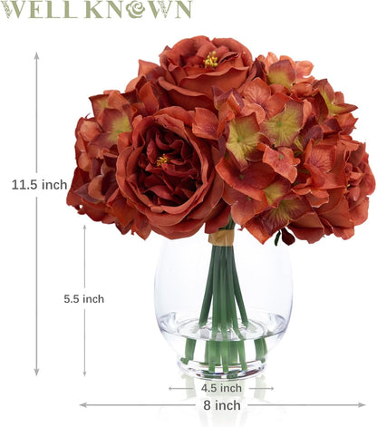 Artificial Austin Roses and Hydrangea Petals, 11.5" H Silk Roses Flower Bouquet with Fake Water in Glass Vase, Faux Peony for Home Decor, Table Decor, Weddings, Gift (Yellow)