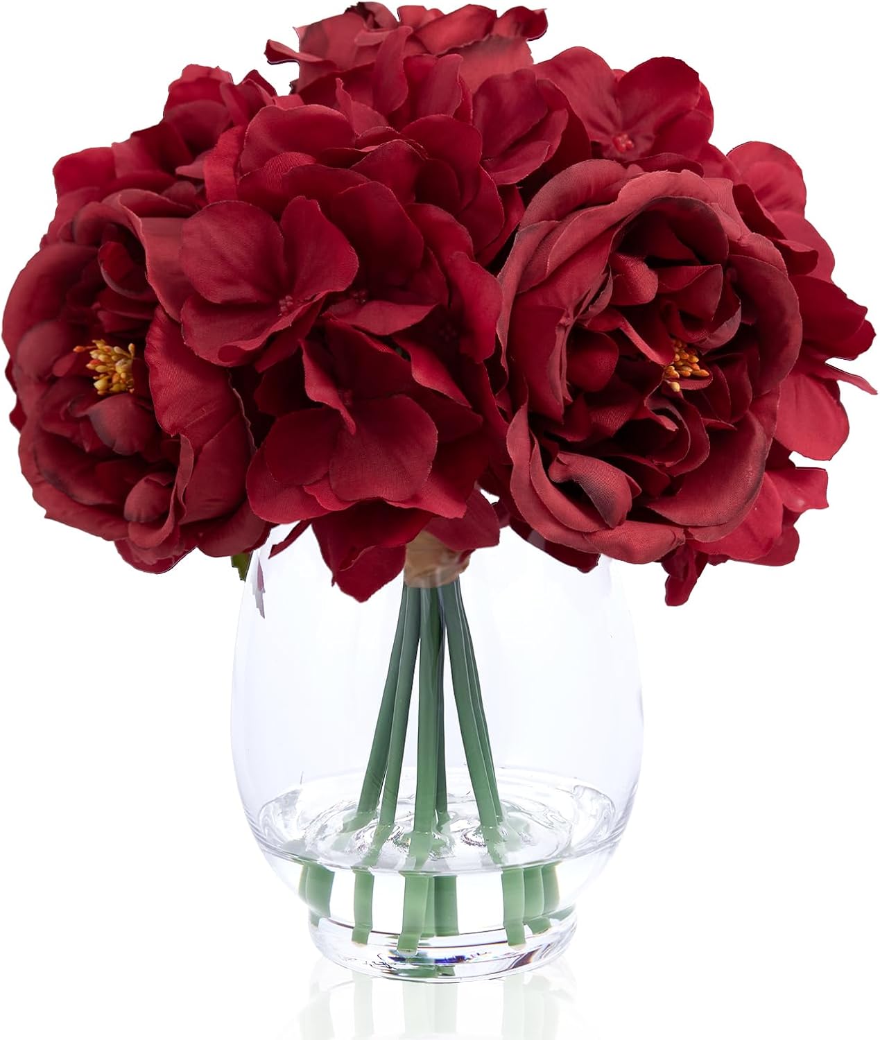 Artificial Austin Roses and Hydrangea Petals, 11.5" H Silk Roses Flower Bouquet with Fake Water in Glass Vase, Faux Peony for Home Decor, Table Decor, Weddings, Gift (Yellow)