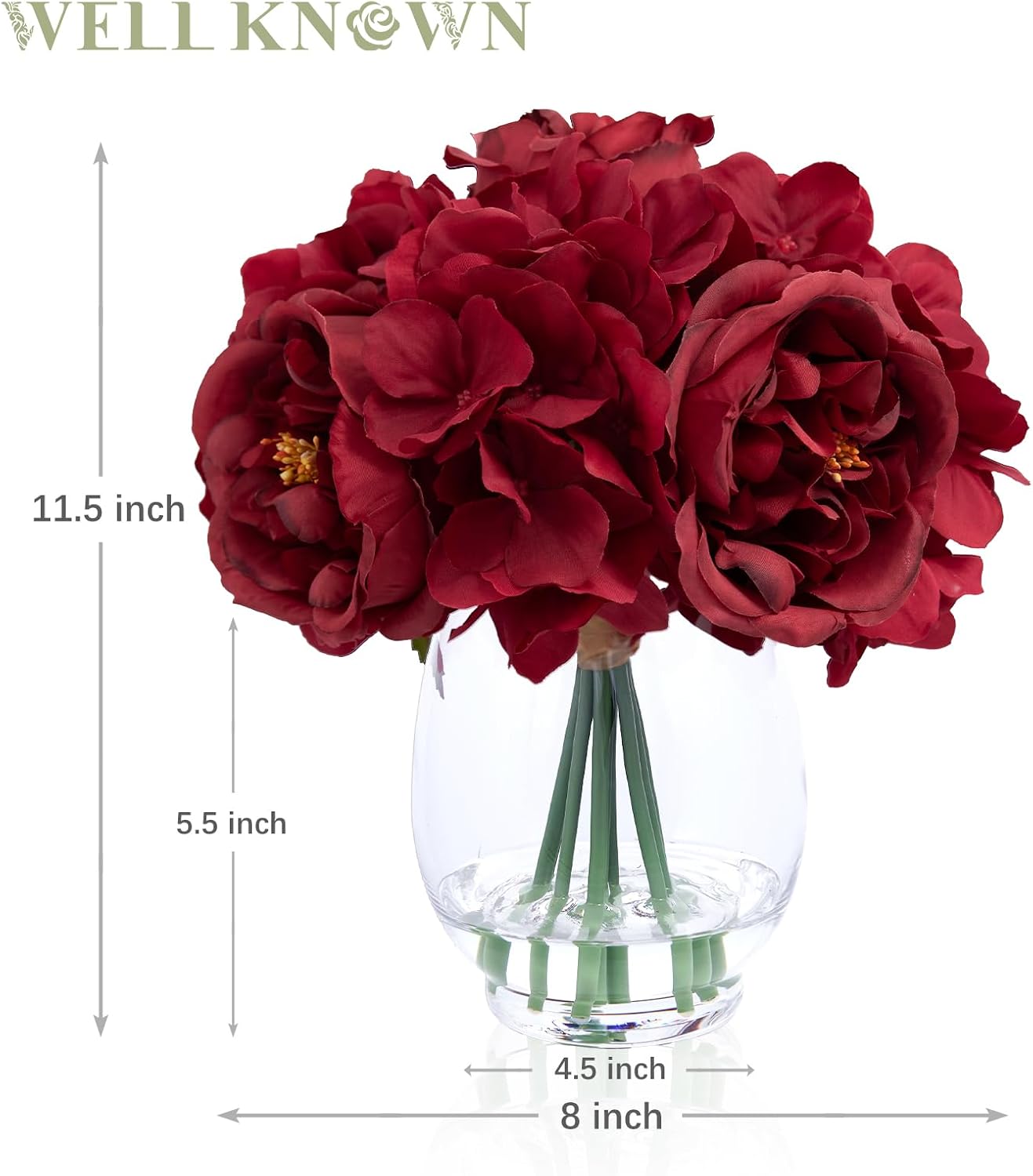 Artificial Austin Roses and Hydrangea Petals, 11.5" H Silk Roses Flower Bouquet with Fake Water in Glass Vase, Faux Peony for Home Decor, Table Decor, Weddings, Gift (Yellow)
