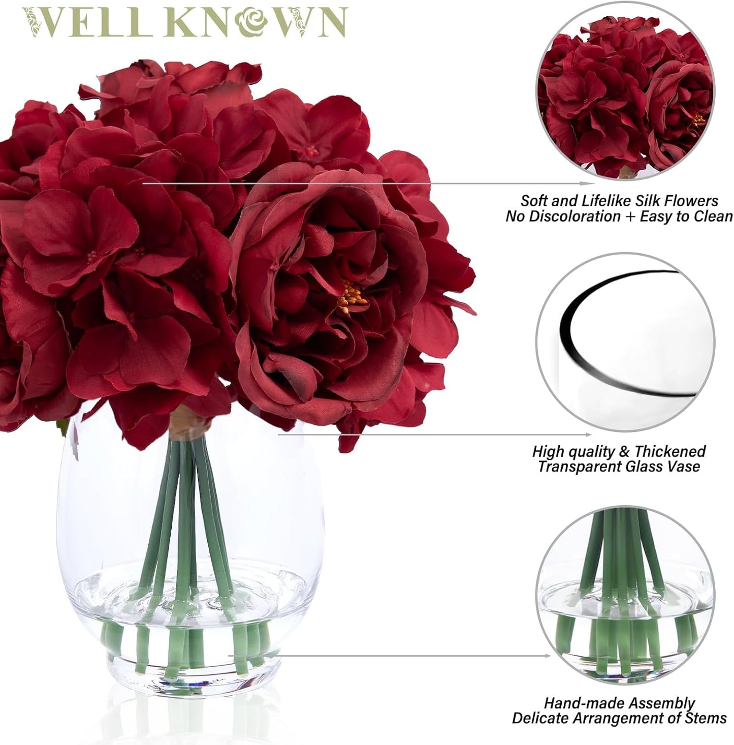 Artificial Austin Roses and Hydrangea Petals, 11.5" H Silk Roses Flower Bouquet with Fake Water in Glass Vase, Faux Peony for Home Decor, Table Decor, Weddings, Gift (Yellow)