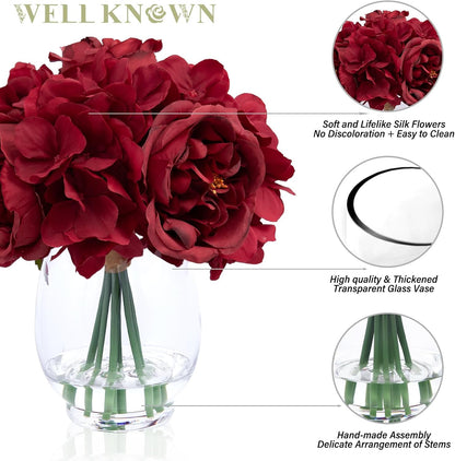 Artificial Austin Roses and Hydrangea Petals, 11.5" H Silk Roses Flower Bouquet with Fake Water in Glass Vase, Faux Peony for Home Decor, Table Decor, Weddings, Gift (Yellow)