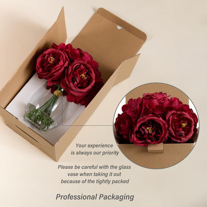 Artificial Austin Roses and Hydrangea Petals, 11.5" H Silk Roses Flower Bouquet with Fake Water in Glass Vase, Faux Peony for Home Decor, Table Decor, Weddings, Gift (Yellow)