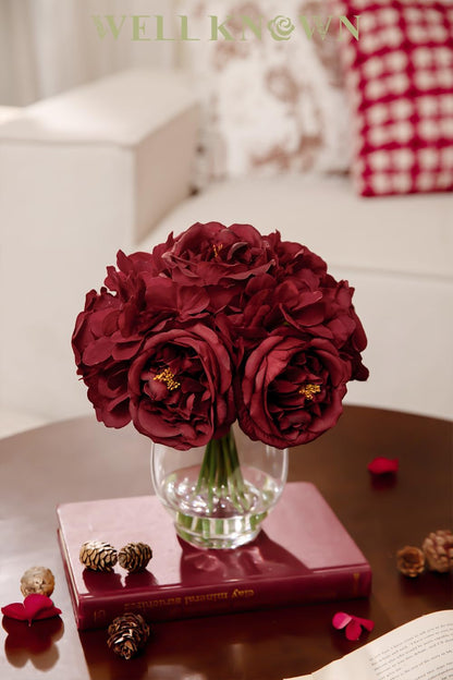 Artificial Austin Roses and Hydrangea Petals, 11.5" H Silk Roses Flower Bouquet with Fake Water in Glass Vase, Faux Peony for Home Decor, Table Decor, Weddings, Gift (Yellow)