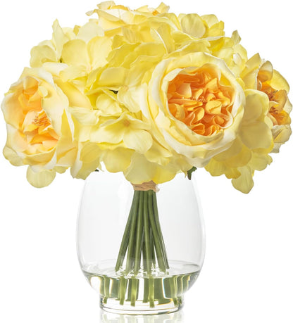 Artificial Austin Roses and Hydrangea Petals, 11.5" H Silk Roses Flower Bouquet with Fake Water in Glass Vase, Faux Peony for Home Decor, Table Decor, Weddings, Gift (Yellow)