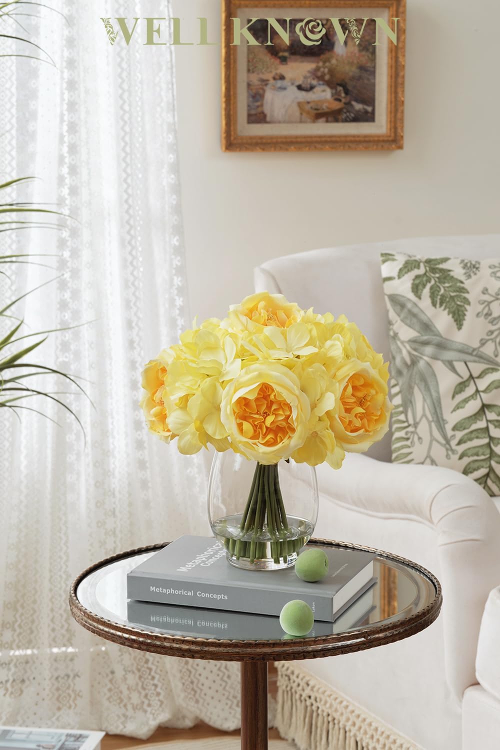 Artificial Austin Roses and Hydrangea Petals, 11.5" H Silk Roses Flower Bouquet with Fake Water in Glass Vase, Faux Peony for Home Decor, Table Decor, Weddings, Gift (Yellow)