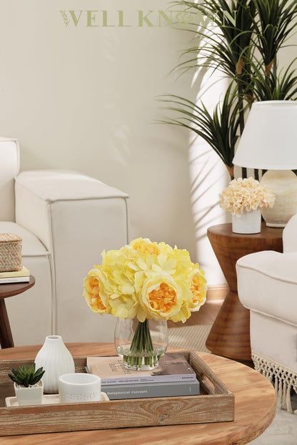 Artificial Austin Roses and Hydrangea Petals, 11.5" H Silk Roses Flower Bouquet with Fake Water in Glass Vase, Faux Peony for Home Decor, Table Decor, Weddings, Gift (Yellow)