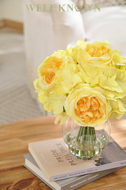 Artificial Austin Roses and Hydrangea Petals, 11.5" H Silk Roses Flower Bouquet with Fake Water in Glass Vase, Faux Peony for Home Decor, Table Decor, Weddings, Gift (Yellow)
