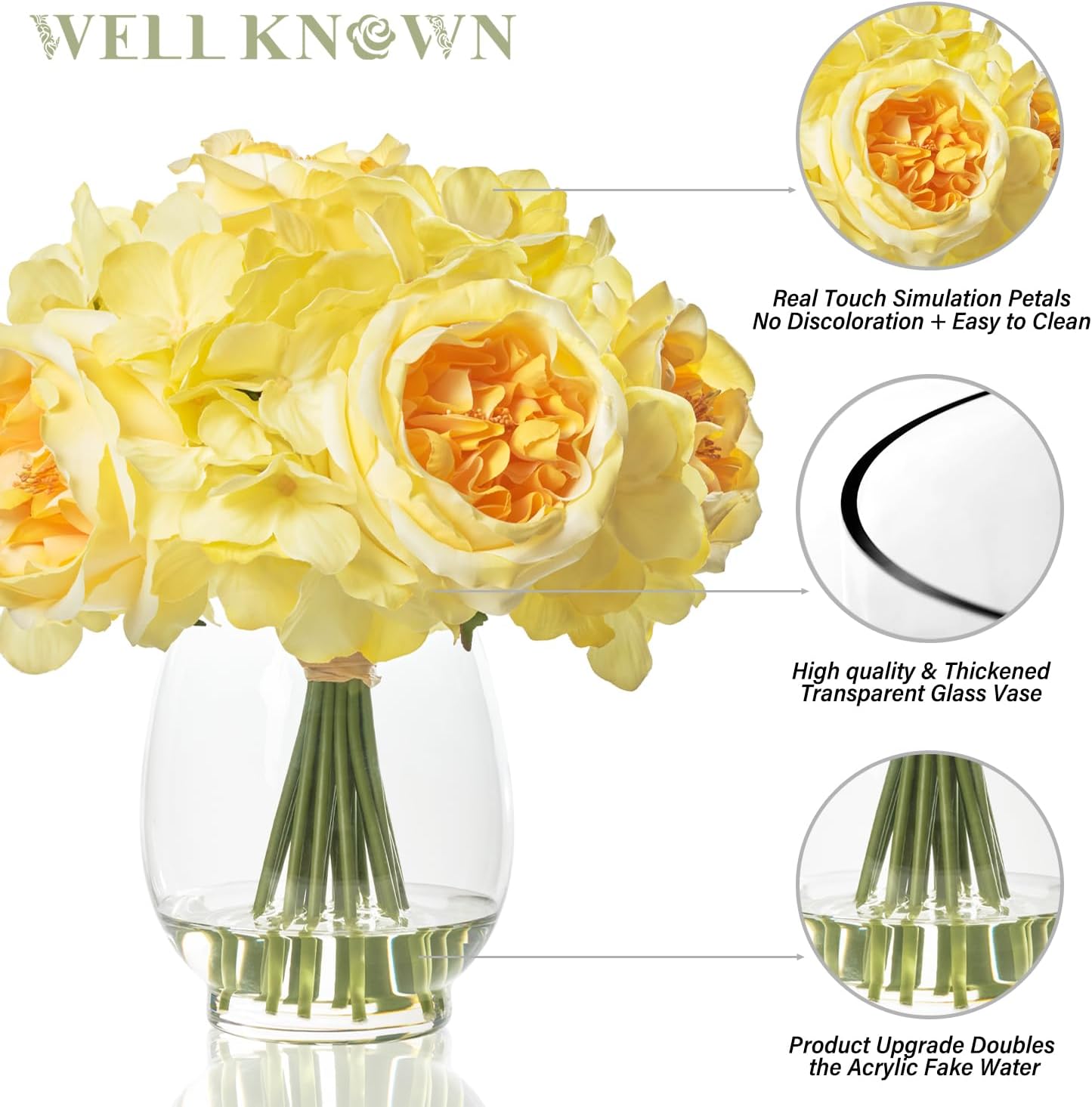 Artificial Austin Roses and Hydrangea Petals, 11.5" H Silk Roses Flower Bouquet with Fake Water in Glass Vase, Faux Peony for Home Decor, Table Decor, Weddings, Gift (Yellow)