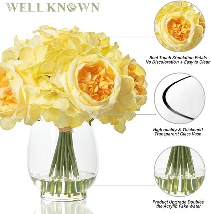 Artificial Austin Roses and Hydrangea Petals, 11.5" H Silk Roses Flower Bouquet with Fake Water in Glass Vase, Faux Peony for Home Decor, Table Decor, Weddings, Gift (Yellow)