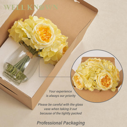 Artificial Austin Roses and Hydrangea Petals, 11.5" H Silk Roses Flower Bouquet with Fake Water in Glass Vase, Faux Peony for Home Decor, Table Decor, Weddings, Gift (Yellow)