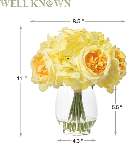 Artificial Austin Roses and Hydrangea Petals, 11.5" H Silk Roses Flower Bouquet with Fake Water in Glass Vase, Faux Peony for Home Decor, Table Decor, Weddings, Gift (Yellow)