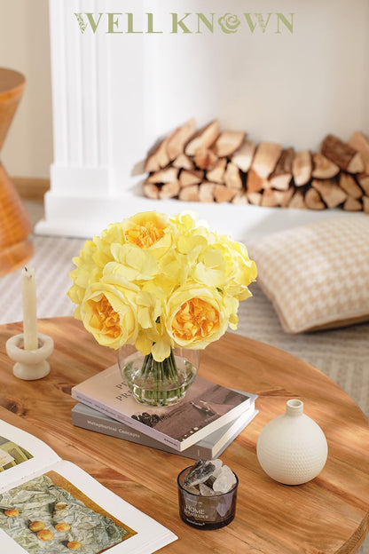 Artificial Austin Roses and Hydrangea Petals, 11.5" H Silk Roses Flower Bouquet with Fake Water in Glass Vase, Faux Peony for Home Decor, Table Decor, Weddings, Gift (Yellow)