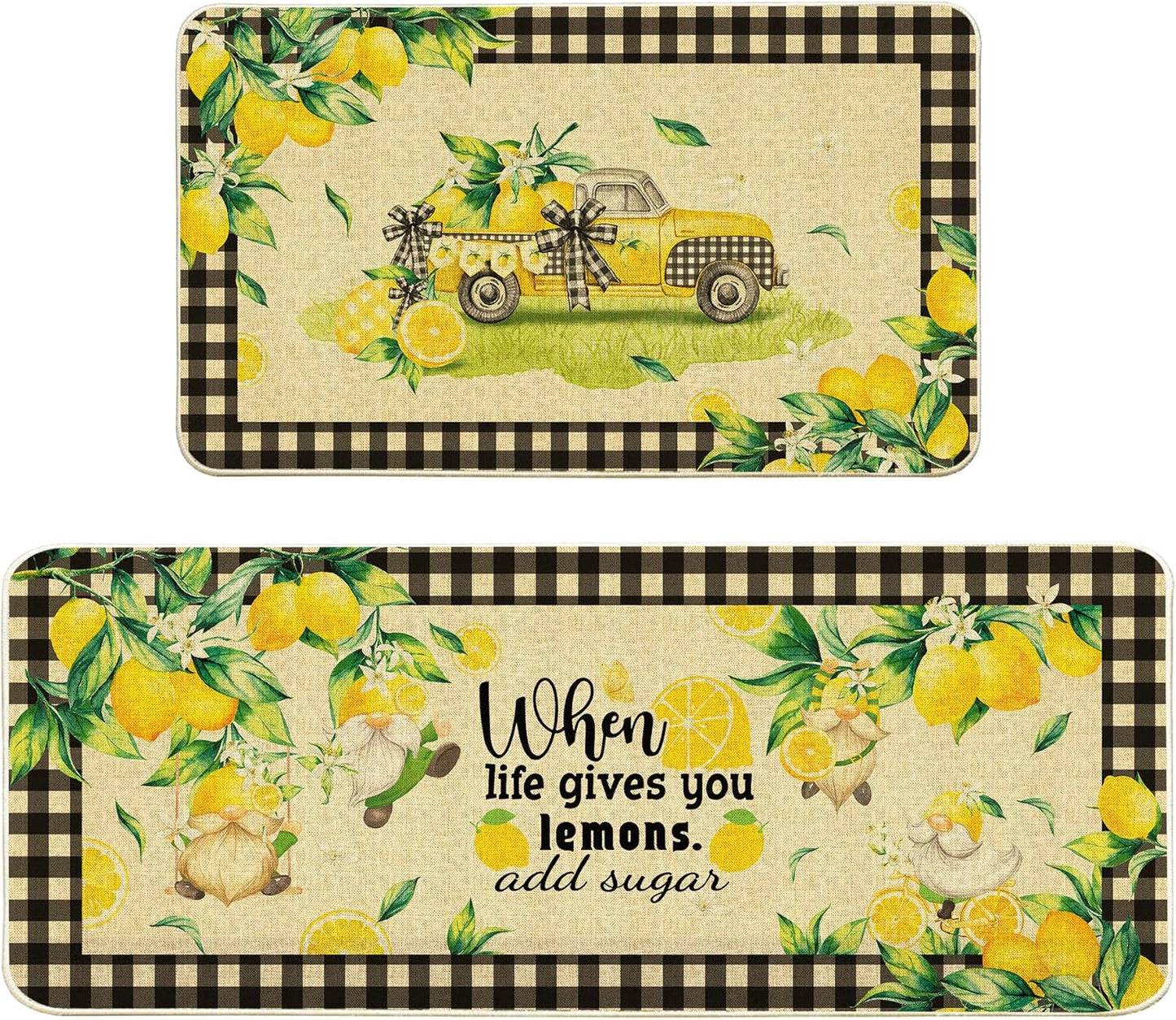 Lemon Kitchen Mats Set of 2, Farmhouse Truck Mat for Floor, Plaid Spring and Summer Decorations 17"x27+17"x47"