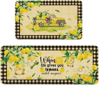 Lemon Kitchen Mats Set of 2, Farmhouse Truck Mat for Floor, Plaid Spring and Summer Decorations 17"x27+17"x47"