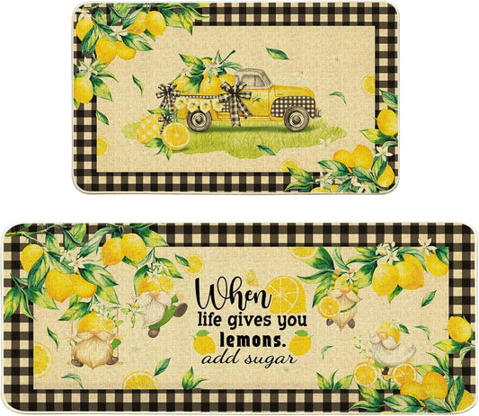 Lemon Kitchen Mats Set of 2, Farmhouse Truck Mat for Floor, Plaid Spring and Summer Decorations 17"x27+17"x47"