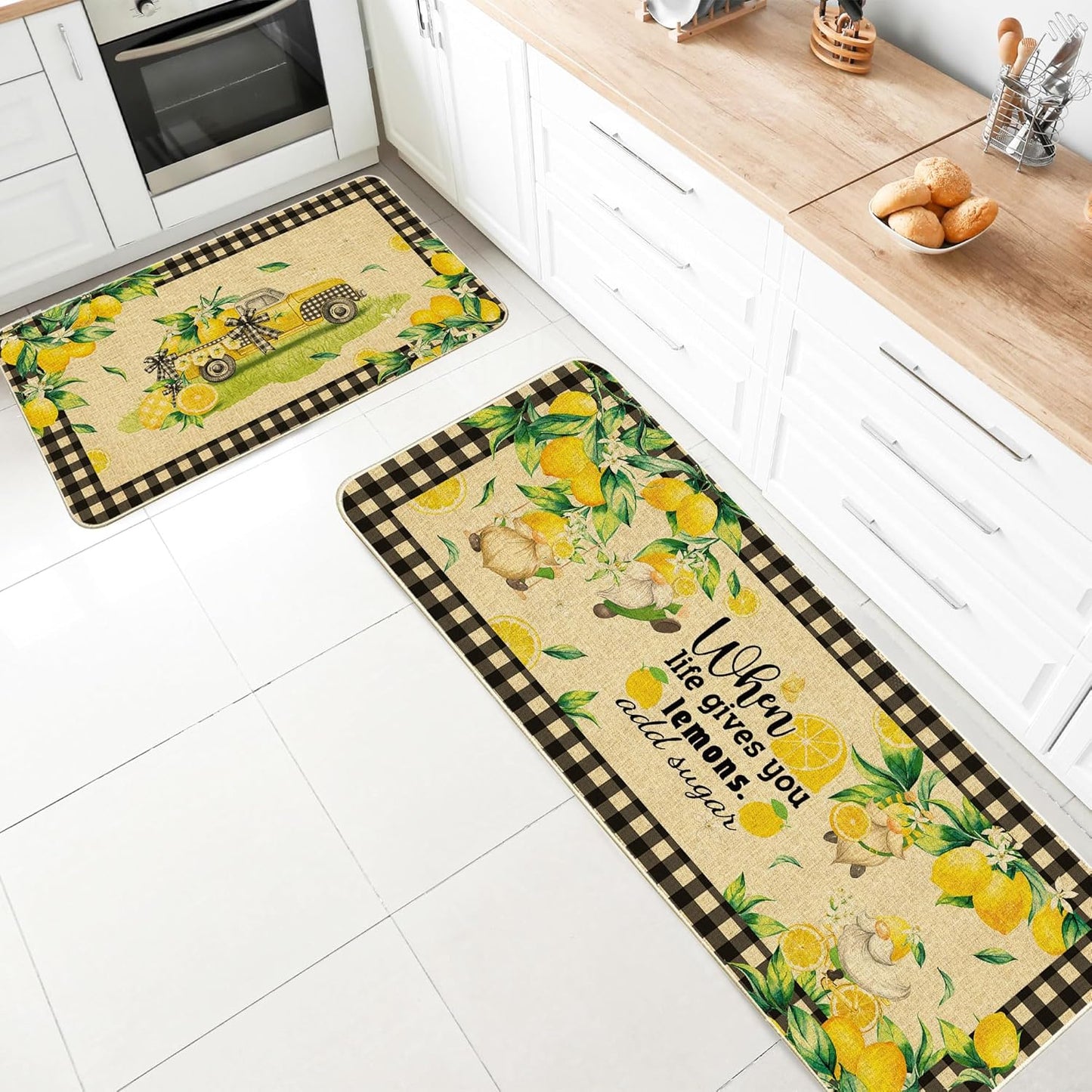 Lemon Kitchen Mats Set of 2, Farmhouse Truck Mat for Floor, Plaid Spring and Summer Decorations 17"x27+17"x47"