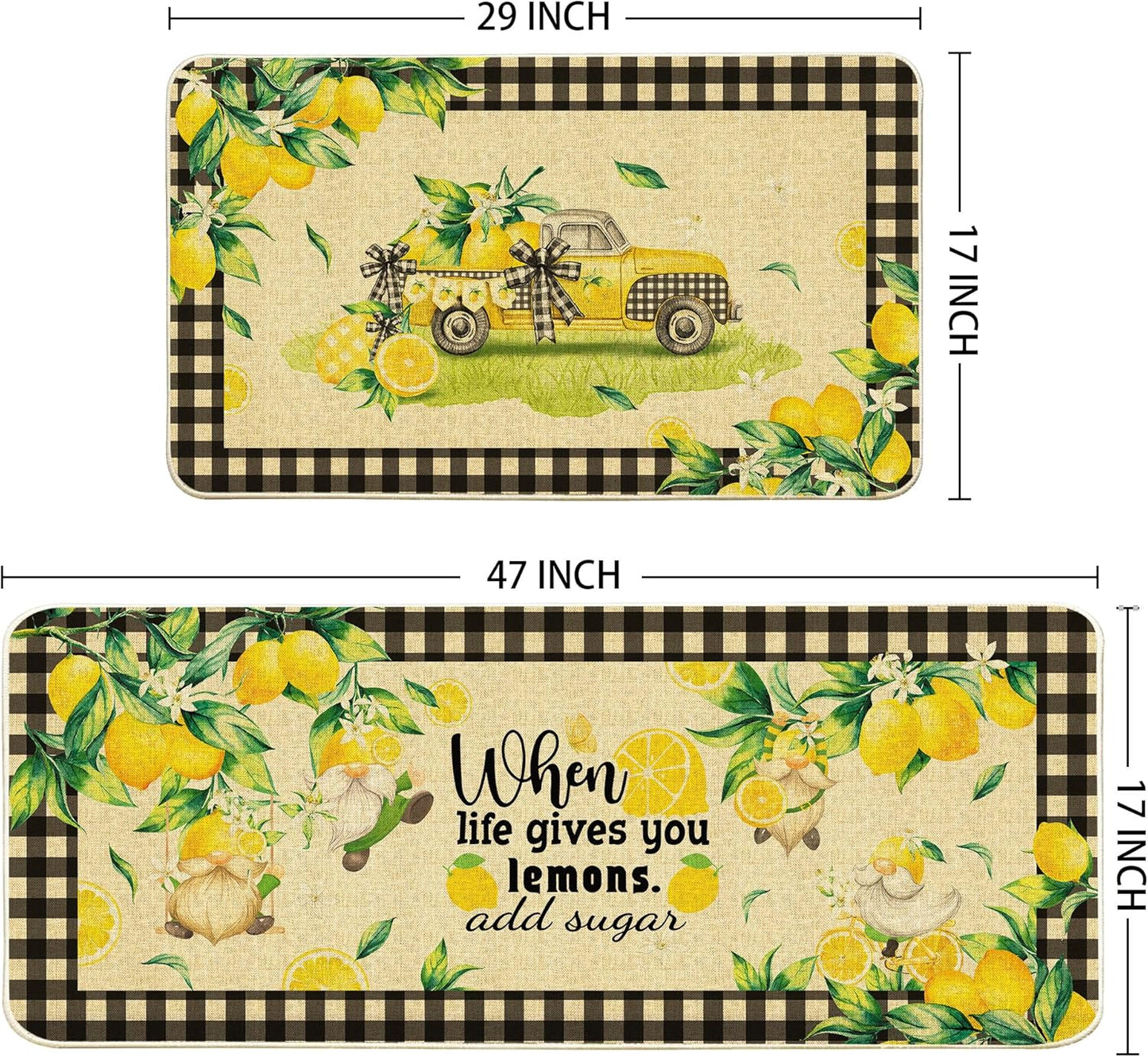 Lemon Kitchen Mats Set of 2, Farmhouse Truck Mat for Floor, Plaid Spring and Summer Decorations 17"x27+17"x47"