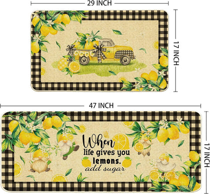 Lemon Kitchen Mats Set of 2, Farmhouse Truck Mat for Floor, Plaid Spring and Summer Decorations 17"x27+17"x47"