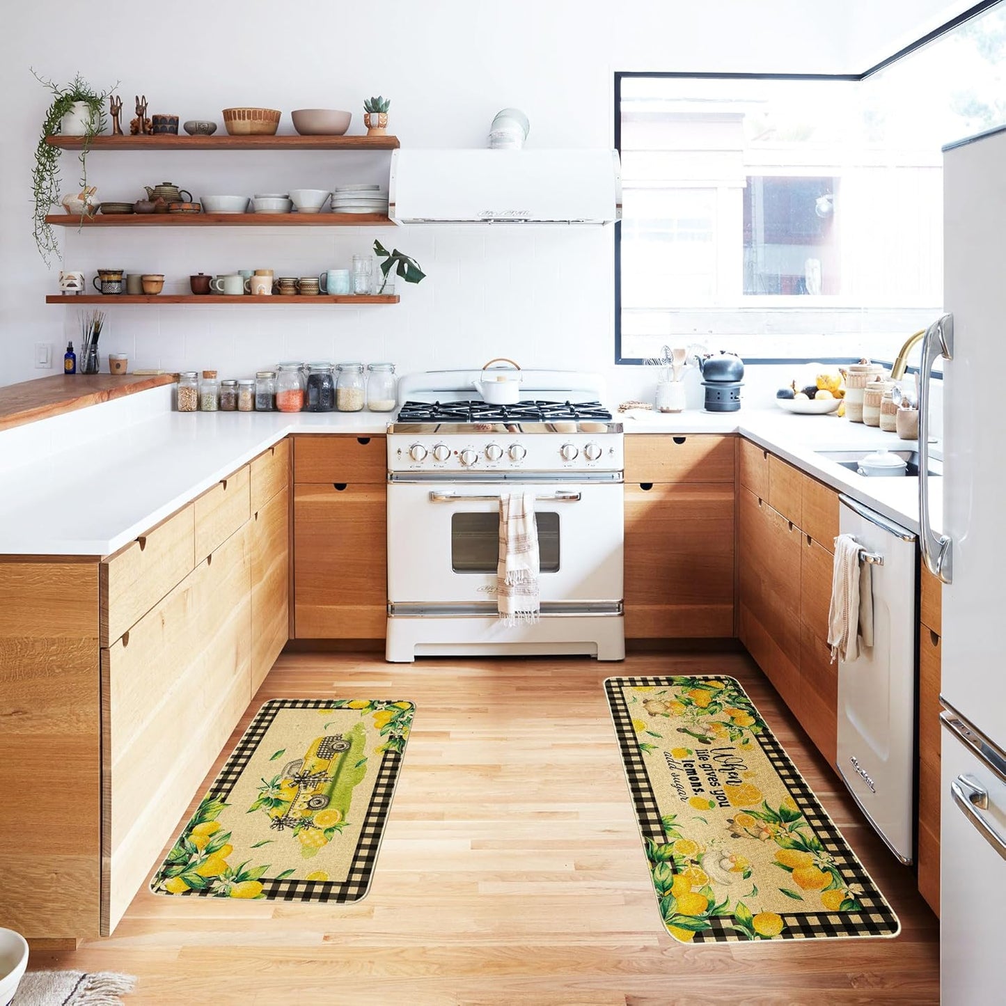 Lemon Kitchen Mats Set of 2, Farmhouse Truck Mat for Floor, Plaid Spring and Summer Decorations 17"x27+17"x47"