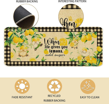 Lemon Kitchen Mats Set of 2, Farmhouse Truck Mat for Floor, Plaid Spring and Summer Decorations 17"x27+17"x47"